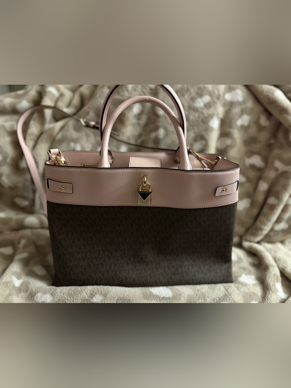 Michael Kors Brown Signature Satchel with Blush Trim